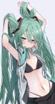  1girl absurdres aqua_eyes aqua_hair aqua_necktie armpits arms_up black_bra black_skirt blush bra breasts clenched_teeth commentary commentary_request grey_shirt hair_between_eyes hatsune_miku highres long_hair looking_at_viewer miku_day mouth_hold navel necktie necktie_in_mouth open_clothes open_shirt revision shirt skirt small_breasts solo stomach sweat teeth tsune_(tune) twintails underwear very_long_hair vocaloid 