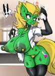  2023 absurd_res anthro areola blonde_eyebrows blonde_hair blonde_pubes breasts clothing coat collar cutie_mark equid equine exclamation_point eyebrows female gloves green_areola green_body green_nipples green_skin hair handwear hasbro hi_res lab_coat laboratory_equipment legwear mammal my_little_pony nipples professor_sugarcube_(oc) pubes scientific_instrument solo tail topwear yellow_tail zzvinniezz 