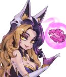  1girl :d ahri_(league_of_legends) animal_ear_fluff bare_shoulders black_hair blonde_hair breasts cleavage coven_ahri facial_mark fingerless_gloves gloves large_breasts league_of_legends long_hair magic open_mouth phantom_ix_row shiny_skin simple_background skull skull_on_head slit_pupils smile solo upper_body whisker_markings white_background yellow_eyes 