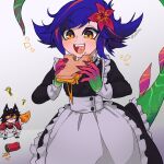  2girls :d ? absurdres ahri_(league_of_legends) alternate_costume apron blue_hair can cheese colored_skin eating enmaided fangs flipped_hair flower food green_background green_skin grey_apron hair_flower hair_ornament highres holding holding_food league_of_legends long_sleeves maid multicolored_hair multiple_girls nail_polish neeko_(league_of_legends) pink_background red_flower red_hair red_nails sandwich smile solo_focus soutasoda tail teeth two-tone_hair upper_teeth_only waist_apron wide_sleeves 