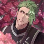  1boy absurdres achilles_(fate) armor blurry blurry_background blurry_foreground brown_eyes closed_mouth fate/apocrypha fate_(series) flower green_hair haruakira head_tilt highres looking_up male_focus mature_male pink_flower polearm short_hair undercut upper_body weapon 