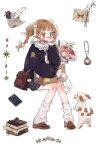 1girl animal_keychain badge bag baozi blue_coat blue_eyes blush_stickers book book_stack bouquet bow box_on_lap braid braided_ponytail brown_bag brown_bow brown_footwear brown_hair closed_mouth coat collared_shirt dog envelope eyelashes eyeshadow flower food full_body hair_bow hand_on_own_cheek hand_on_own_face holding holding_bag holding_bouquet ink lace-trimmed_collar lace_bow lace_sleeves lace_trim layered_sleeves letter lipstick loafers long_hair long_sleeves looking_ahead makeup multiple_hair_bows open_clothes open_coat original pocket_watch puffy_long_sleeves puffy_sleeves puppy putong_xiao_gou quill red_eyeshadow red_lips school_uniform shirt shoes shoulder_bag sitting smile solo sparkling_eyes tape tongue tongue_out twintails watch white_background white_bow white_flower white_leg_warmers white_shirt 