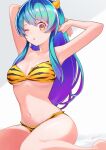  1girl absurdres animal_print arm_behind_head armpits arms_up bare_arms bare_legs bare_shoulders barefoot bikini blue_hair breasts colored_inner_hair commentary feet fur_bikini green_hair highres horns itou_kazuki large_breasts long_hair looking_at_viewer lum multicolored_hair navel one_eye_closed oni oni_horns parted_lips print_bikini purple_hair signature sitting solo stomach strapless strapless_bikini stretching swimsuit thighs tiger_print urusei_yatsura waking_up yellow_bikini yellow_eyes yellow_horns 