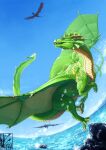  dragon female flying gold golden green hi_res sea sfw solo_focus water 