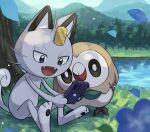  :d alolan_meowth cellphone commentary_request day falling_petals fangs grass holding holding_phone kienai_11 lake looking_down no_humans open_mouth outdoors petals phone pokemon pokemon_(creature) rowlet sitting smile tongue tree water 