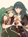  2girls bare_shoulders black_shirt blue_eyes blue_hair breasts byleth_(female)_(fire_emblem) byleth_(fire_emblem) chimney_(chimney0311) clothing_cutout commentary_request fire_emblem fire_emblem:_three_houses green_eyes green_hair heart heart_hands highres large_breasts long_hair looking_at_viewer multiple_girls navel navel_cutout open_mouth pointy_ears shirt simple_background sothis_(fire_emblem) twintails upper_body very_long_hair yellow_background 