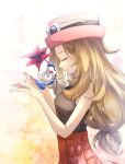  1girl bare_arms blonde_hair closed_eyes closed_mouth collared_shirt commentary_request eyelashes eyewear_on_headwear floette floette_(eternal) flower from_side hands_up hat high-waist_skirt long_hair pink_flower pink_headwear pokemon pokemon_(creature) pokemon_(game) pokemon_xy red_skirt serena_(pokemon) shirt skirt sleeveless sleeveless_shirt sunglasses white-framed_eyewear yomogi_(black-elf) 