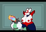  alyaska2201 animated anthro armor belly big_belly big_breasts bouncing_breasts breasts digital_media_(artwork) duo female fire male male/female pixel_(artwork) pixel_animation 