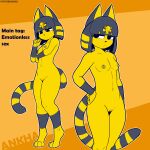  1:1 absurd_res animal_crossing ankha_(animal_crossing) anthro blue_hair breasts domestic_cat emotionless felid feline felis female fur genitals hair hand_on_hip hi_res looking_at_viewer mammal multiple_poses navel nintendo nipples pose pussy simple_background small_breasts solo standing tail the_man yellow_body yellow_fur 