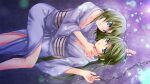 2girls breasts chain cleavage collarbone girl_on_top green_eyes green_hair hair_down hand_on_another&#039;s_neck highres higurashi_no_naku_koro_ni higurashi_no_naku_koro_ni_mei houjou_yutori incest japanese_clothes kimono large_breasts long_hair looking_at_another looking_to_the_side lying multiple_girls neck_grab obi official_art on_back parted_lips sash siblings sisters sonozaki_mion sonozaki_shion straddling twincest twins white_kimono wide_sleeves yuri 