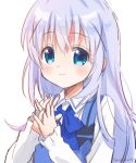  1girl blue_bow blue_bowtie blue_eyes blue_hair blue_vest blush bow bowtie closed_mouth collared_shirt commentary_request dress_shirt flat_chest gochuumon_wa_usagi_desu_ka? hair_between_eyes hair_ornament hairclip interlocked_fingers kafuu_chino light_blue_hair long_hair long_sleeves looking_at_viewer mozukun43 own_hands_together rabbit_house_uniform shirt sidelocks simple_background smile solo twitter_username upper_body vest white_background white_shirt x_hair_ornament 