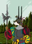  2023 absurd_res ambiguous_gender anthro appelsaus armor arquebus black_body black_fur bovid brown_body brown_fur calico_pattern caprine chainmail chainmail_coif clothed clothing colorful cuirass digital_media_(artwork) forest forest_background fur goat gun halberd headgear helmet hi_res horn landsknecht lenore_(appelsaus) livery long_horn mammal melee_weapon mercenary nature nature_background plant polearm portrait ranged_weapon solo standing tree weapon white_body white_fur zischaegge 