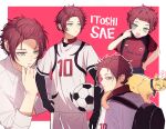  4boys aged_down akanbe animal backpack bag ball blue_eyes blue_lock blunt_bangs cat character_name collared_shirt cowboy_shot itoshi_sae long_sleeves looking_at_viewer looking_away male_focus multiple_boys nokcha26 red_background red_hair red_shirt shirt short_hair shorts soccer_ball soccer_uniform sportswear standing tongue tongue_out white_shirt white_shorts 