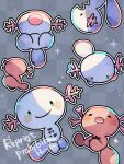  animal_focus artist_name checkered_background closed_eyes commentary_request grey_background hanabusaoekaki highres no_humans open_mouth paldean_wooper pokemon pokemon_(creature) simple_background sleeping smile solid_oval_eyes sparkle upside-down wooper 