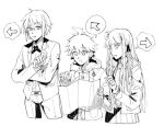  1girl 2boys arrow_(symbol) braid collared_shirt cropped_legs cropped_torso danganronpa:_trigger_happy_havoc danganronpa_(series) glasses greyscale hair_ribbon holding holding_map hood hood_down jacket kirigiri_kyoko long_sleeves map miniskirt monochrome multiple_boys naegi_makoto necktie open_clothes open_jacket open_mouth pants pleated_skirt ribbon shiba_(picopicosa) shirt shirt_tucked_in short_hair side_braid skirt speech_bubble togami_byakuya 