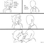  anon_(snoot_game) anthro bald blush clothed clothing comic dinosaur dromaeosaurid duo english_text eyes_closed featureless_face french_kissing goodbye_volcano_high hair headphones headphones_around_neck human humor kissing male mammal meme monochrome party_rockers raidak5 reed_(gvh) reptile scalie sketch snoot_game_(fan_game) text theropod velociraptor 