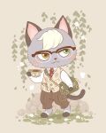  1boy :3 animal_crossing artist_name bag blush brown_eyes brown_pants buttons cat_boy closed_mouth coffee collared_shirt commentary cup dress_shirt english_commentary fangs fangs_out floral_print flower furry furry_male glasses grass green_bag green_eyes grey_background hand_up heterochromia holding holding_cup long_sleeves male_focus mug necktie over-rim_eyewear pants pocket pocket_watch print_necktie print_vest raymond_(animal_crossing) red_necktie rock samantha_whitten semi-rimless_eyewear shirt shoulder_bag signature simple_background smile solo standing steam striped striped_pants vertical-striped_pants vertical_stripes vest watch white_flower white_hair white_shirt yellow_vest 