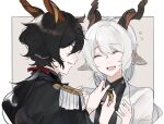  2boys adjusting_another&#039;s_clothes animal_ears arknights black_hair black_shirt border brown_background closed_eyes collared_shirt ebenholz_(arknights) epaulettes facing_away goat_boy goat_ears goat_horns grey_hair hands_up happy highres horns jacket kreide_(arknights) long_hair looking_at_another medallion multiple_boys open_mouth ponytail purple_eyes shirt simple_background smile upper_body white_jacket yakota_(usuk-yako) 