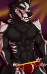 2016 5_fingers anthro black_body black_fur black_nose canid canine chest_tuft clothing digital_media_(artwork) eyebrows fcsimba fingers fur half-closed_eyes hi_res male mammal muscular muscular_anthro muscular_male narrowed_eyes red_clothing red_sclera red_underwear simple_background smile solo teeth tuft underwear warren_snicket were werecanid werecanine werewolf white_body white_eyebrows white_fur 
