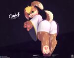  absurd_res ambiguous_gender anthro blush bodily_fluids claws clothing cum cum_on_body cum_on_clothing cum_on_face genital_fluids hi_res look_behind looking_back paws pooka rear_view senz solo standing text 