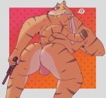  absurd_res anthro bulge captain_laserhawk:_a_blood_dragon_remix clothing felid gun hi_res holding_gun holding_object holding_weapon looking_at_viewer male mammal pantherine ranged_weapon rear_view solo thong tiger tiger_(captain_laserhawk) uhotdog underwear weapon 