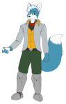  2021 4_fingers alpha_channel anthro black_nose blue_body blue_fur bottomwear canid canine clothed clothing cybernetic_leg cybernetic_limb fingers fox fur hair hi_res humanoid_hands jacket kerchief male mammal marcus_mccloud multicolored_body multicolored_fur nintendo pants scythemouse simple_background smile solo standing star_fox topwear transparent_background two_tone_body two_tone_fur white_body white_fur white_hair 