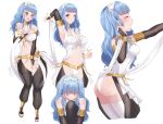  1girl absurdres armpit_crease armpits ass bare_shoulders black_eyes blue_hair blunt_bangs blush breasts closed_eyes commentary dancer_(three_houses) dot_nose embarrassed english_commentary fire_emblem fire_emblem:_three_houses headband highres large_breasts lilshironeko long_hair marianne_von_edmund multiple_views navel sidelocks simple_background teeth thighhighs thighs upper_teeth_only wavy_hair white_background white_headband white_thighhighs 