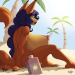  anthro big_breasts blue_hair breasts butt canid canine carmelita_fox female fox fur hair huge_breasts hyper hyper_breasts kevinsano mammal nude orange_body orange_fur palm_tree plant sand sitting sly_cooper_(series) solo sony_corporation sony_interactive_entertainment sucker_punch_productions tree 