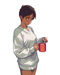  1girl baggy_clothes blush breasts brown_eyes brown_hair coffee coffee_mug commentary cowboy_shot cup dark-skinned_female dark_skin dioda38573760 drink english_commentary expressionless extraction from_side highres holding holding_cup holding_drink holding_spoon light_frown lois_lane long_sleeves looking_at_viewer looking_to_the_side medium_breasts mug my_adventures_with_superman no_pants short_hair simple_background solo spoon standing stirring sweater textless_version thick_eyebrows tomboy v-neck very_short_hair white_background white_sweater 
