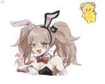  1girl :d animal_ears bare_shoulders bear_hair_ornament black_hairband black_leotard blush breasts candy cropped_shoulders danganronpa:_trigger_happy_havoc danganronpa_(series) enoshima_junko fake_animal_ears food hair_ornament hairband hand_up heart highres large_breasts leotard looking_at_viewer playboy_bunny rabbit_ears shiny_skin simple_background smile solo tenji_osuosu translation_request twintails two-tone_hairband white_background white_hairband white_leotard 