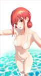  1girl :o absurdres ao_no_hako_(wsj) ass_visible_through_thighs bare_shoulders bikini blush breasts chono_hina eyelashes halterneck head_tilt highres looking_at_viewer medium_breasts medium_hair navel open_mouth outstretched_arms red_eyes red_hair sidelocks simple_background skindentation solo spread_arms standing stomach stomach_day string_bikini swimsuit thigh_gap wading water water_drop wet white_background white_bikini yohwa 