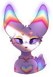  big_ears bloominglynx bust_portrait cheek_tuft facial_tuft female feral front_view fur looking_at_viewer mouth_closed multicolored_body multicolored_fur narrowed_eyes portrait purple_eyes simple_background solo striped_ears tuft white_background white_body white_fur 