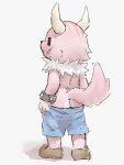  apluss bottomwear butt clothed clothing footwear fur hi_res horn kaku_(ponkotsu_quest) male neck_tuft partially_clothed pink_body pink_fur rear_view scar shorts shorts_down shorts_only simple_background solo tail tuft 