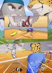  anthro ball cheetah comic dave_(lion21) ear_piercing felid feline hi_res lagomorph leporid lion21 male mammal piercing rabbit tennis tennis_ball tennis_racket 