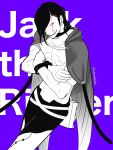  1boy absurdres black_clover black_hair cracked_skin crossed_arms feet_out_of_frame greyscale_with_colored_background hair_over_one_eye highres jack_the_ripper_(black_clover) male_focus purple_background short_hair skinny smirk spot_color udonmoudon 