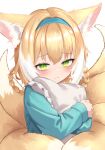  1girl absurdres animal_ear_fluff animal_ears arknights blonde_hair blue_hairband blue_shirt blush braid closed_mouth commentary_request fox_ears fox_girl fox_tail frilled_pillow frills green_eyes hair_between_eyes hair_rings hairband highres kitsune long_sleeves looking_at_viewer multicolored_hair object_hug pillow shirt simple_background solo suzuran_(arknights) tail twin_braids two-tone_hair upper_body white_background white_hair yon_(isieuniya) 