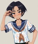 1girl adjusting_hair black_hair blue_sailor_collar blush brown_eyes collarbone commentary_request grey_background hand_on_own_hip hand_up highres looking_at_viewer neckerchief onimushi_hyogo original red_neckerchief sailor_collar school_uniform see-through see-through_shirt serafuku short_hair short_sleeves simple_background smile solo standing upper_body wet wet_clothes wet_hair 