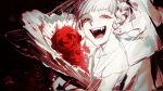  1girl :d bare_shoulders black_background blunt_bangs boku_no_hero_academia braid breasts character_request check_character di_wu_dipingxian dress fangs flower grey_ribbon hair_ribbon half-closed_eyes highres hug jewelry necklace pale_skin red_background red_flower red_rose ribbon rose signature small_breasts smile solo teeth toga_himiko tongue upper_body white_dress 