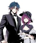  1boy 1girl alternate_costume black_hair black_headwear blade_(honkai:_star_rail) breasts cleavage cleavage_cutout clothing_cutout formal hat highres honkai:_star_rail honkai_(series) kafka_(honkai:_star_rail) long_hair looking_at_viewer purple_eyes purple_hair red_eyes rity suit white_background 