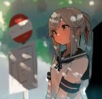  1girl blurry blurry_background brown_eyes closed_mouth hair_ribbon highres kantai_collection long_hair outdoors red_ribbon ribbon sailor_collar school_uniform serafuku short_sleeves sidelocks sign signature solo sunday_aki sweat upper_body usugumo_(kancolle) 