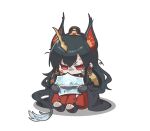  1girl animal_ears arknights black_cape black_gloves black_hair black_socks cape chibi commentary_request gloves hair_between_eyes highres holding horns long_hair mabing no_shoes pants red_eyes red_pants shadow simple_background sitting socks soles solo tail tears toeless_legwear very_long_hair white_background ya_(arknights) 