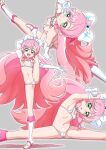  1girl :d absurdly_long_hair ass ass_visible_through_thighs bikini boots cameltoe covered_nipples cure_prism earrings elbow_gloves gloves green_eyes highres hirogaru_sky!_precure jewelry leg_up long_hair looking_at_viewer looking_up magical_girl micro_bikini multiple_views nijigaoka_mashiro open_mouth pink_hair precure sitting smile solo standing standing_on_one_leg stretching swimsuit teeth thong_bikini tiler_(tiler00) upper_teeth_only v very_long_hair wavy_hair white_footwear 