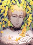  1boy black_clover blonde_hair closed_mouth facial_mark flower forehead_mark happy_birthday highres julius_novachrono light_smile looking_down male_focus purple_eyes royal_robe runadon1146 short_hair solo white_fur yellow_flower 