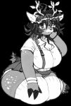  anthro antlers belly big_breasts big_eyes bottomwear bracelet breasts clothing cloven_hooves curvy_figure deer dress_shirt eyewear female full-length_portrait glasses greyscale grin hair hand_on_face handpaw hi_res hoof_hands hooves horn huge_thighs jewelry kneeling leaf leaves_in_hair legwear looking_at_viewer mammal markings messy_hair monochrome overweight overweight_anthro overweight_female paws portrait round_glasses scut_tail shirt short_tail skirt smile smiling_at_viewer spots spotted_markings stockings suspenders tail thick_thighs three-quarter_view topwear wildcardroachie 