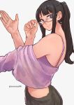  1girl adjusting_eyewear aosora2823 bare_shoulders black_hair blue_eyes extra_arms glasses highres long_hair looking_at_viewer midriff nico_robin one_piece ponytail purple_shirt rectangular_eyewear shirt sidelocks solo twitter_username 