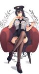  1girl alternate_costume armchair black_footwear black_hair black_headwear black_necktie black_skirt black_thighhighs breast_pocket brown_eyes chair closed_mouth cosplay crossed_legs elbow_rest fishnet_thighhighs fishnets hat head_rest high_heels highres holding kantai_collection kasumi_(skchkko) long_hair looking_at_viewer nagato_(kancolle) necktie pocket police police_hat police_uniform simple_background sitting skirt smile solo thighhighs uniform 