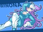  arm_up artist_name blue_background blue_jacket breasts character_name cleavage dated gloves hugo57 jacket knee_up long_hair looking_at_viewer lying medium_breasts on_back pokemon pokemon_(game) pokemon_oras purple_eyes purple_hair very_long_hair white_gloves winona_(pokemon) 