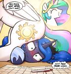  2023 absurd_res blush bodily_fluids cutie_mark digital_media_(artwork) duo english_text equid equine eyelashes eyes_closed female feral friendship_is_magic grin hasbro hi_res horn looking_at_viewer mammal my_little_pony princess_celestia_(mlp) princess_luna_(mlp) selenophile sibling_(lore) sister_(lore) smile sweat text unicorn 