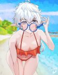  1girl alisaie_leveilleur artist_name beach bent_over bikini blue-framed_eyewear blue_eyes breasts cowboy_shot dated day elezen elf final_fantasy final_fantasy_xiv glasses long_hair looking_at_viewer navel outdoors pointy_ears red_bikini round_eyewear shiro_kitsune_(showtime1122) small_breasts smile swimsuit white_hair 