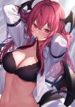  1girl arms_up black_bra blush bra breasts commentary_request demon_tail demon_wings hair_between_eyes head_wings highres koakuma large_breasts navel open_clothes open_shirt pointy_ears red_eyes red_hair shirt solo stomach tail touhou underwear upper_body white_shirt wings wowoguni 